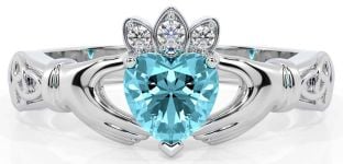 Diamond Aquamarine Silver Claddagh Ring