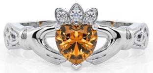 Diamond Citrine Silver Claddagh Ring