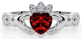 Diamond Garnet Silver Claddagh Ring