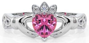 Diamond Pink Tourmaline White Gold Claddagh Ring