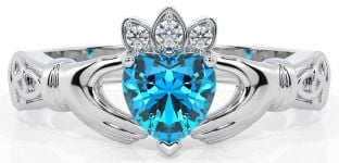 Diamond Topaz White Gold Claddagh Ring