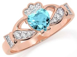 Diamond Aquamarine Rose Gold Silver Claddagh Ring