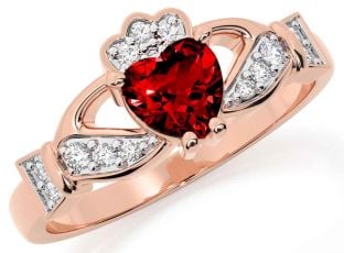 Diamond Garnet Rose Gold Silver Claddagh Ring