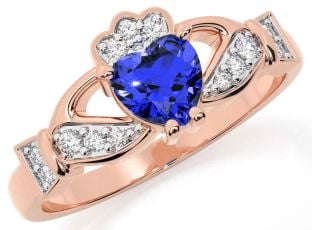 Diamond Sapphire Rose Gold Silver Claddagh Ring