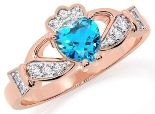 Diamond Topaz Rose Gold Silver Claddagh Ring