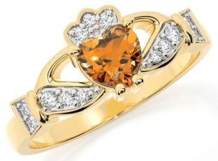 Diamond Citrine Gold Silver Claddagh Ring