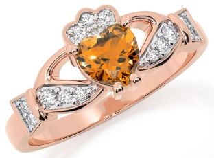 Diamond Citrine Rose Gold Claddagh Ring