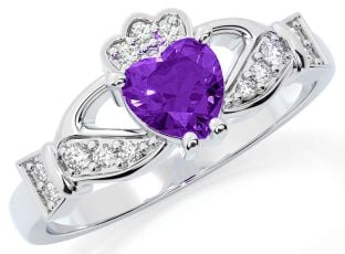 Diamond Amethyst Silver Claddagh Ring