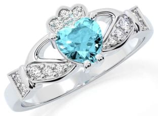 Diamond Aquamarine Silver Claddagh Ring