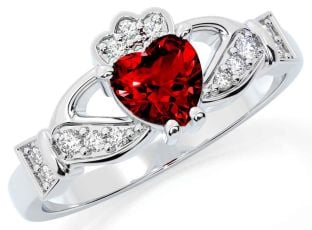 Diamond Garnet Silver Claddagh Ring