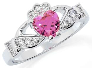 Diamond Pink Tourmaline Silver Claddagh Ring