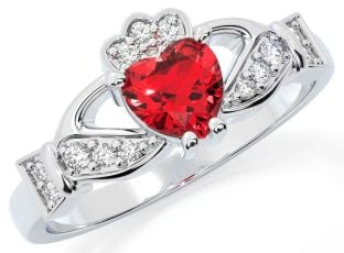 Diamond Ruby Silver Claddagh Ring