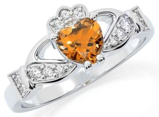 Diamond Citrine White Gold Claddagh Ring