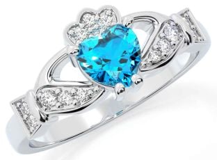 Diamond Topaz White Gold Claddagh Ring