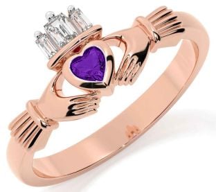 Diamond Amethyst Rose Gold Silver Claddagh Ring