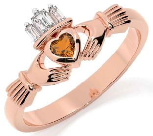 Diamond Citrine Rose Gold Silver Claddagh Ring