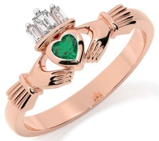 Diamond Emerald Rose Gold Silver Claddagh Ring