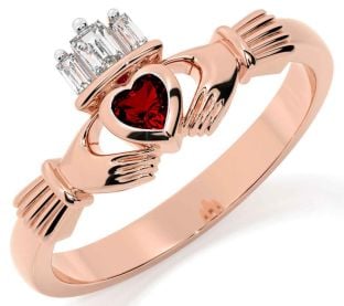 Diamond Garnet Rose Gold Silver Claddagh Ring