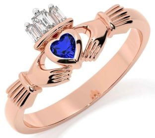 Diamond Sapphire Rose Gold Silver Claddagh Ring