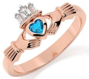 Diamond Topaz Rose Gold Silver Claddagh Ring