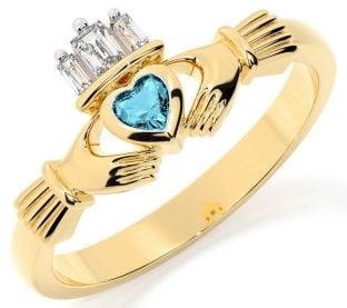 Diamond Aquamarine Gold Silver Claddagh Ring