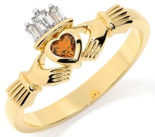 Diamond Citrine Gold Silver Claddagh Ring