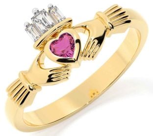 Diamond Pink Tourmaline Gold Silver Claddagh Ring