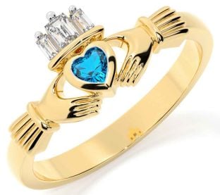 Diamond Topaz Gold Silver Claddagh Ring