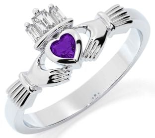 Diamond Amethyst Silver Claddagh Ring