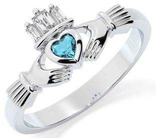 Diamond Aquamarine Silver Claddagh Ring