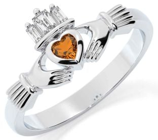 Diamond Citrine Silver Claddagh Ring