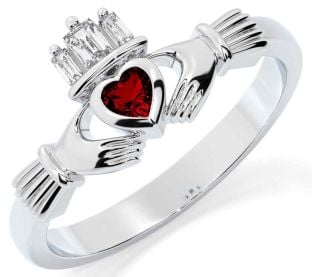 Diamond Garnet Silver Claddagh Ring