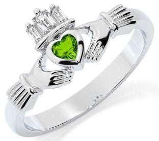 Diamond Peridot White Gold Claddagh Ring