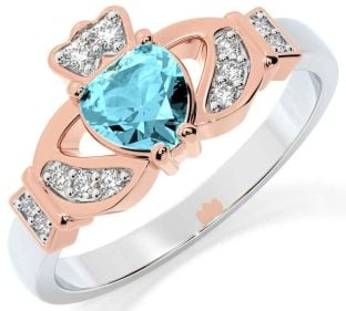 Diamond Aquamarine Rose Gold Silver Claddagh Ring