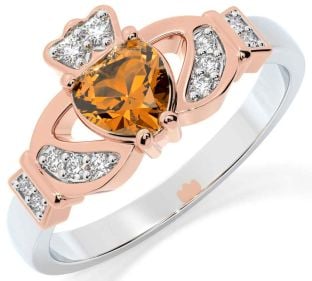 Diamond Citrine Rose Gold Silver Claddagh Ring