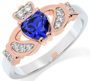 Diamond Sapphire Rose Gold Silver Claddagh Ring