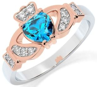 Diamond Topaz Rose Gold Silver Claddagh Ring