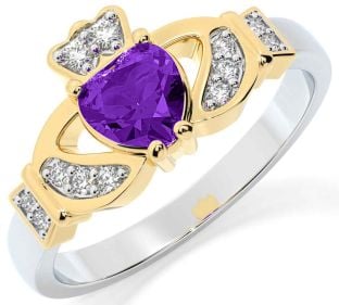 Diamond Amethyst Gold Silver Claddagh Ring