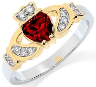 Diamond Garnet Gold Silver Claddagh Ring