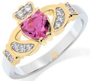 Diamond Pink Tourmaline Gold Silver Claddagh Ring