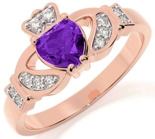 Diamond Amethyst Rose Gold Silver Claddagh Ring