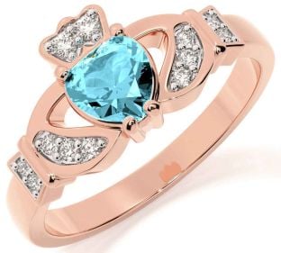 Diamond Aquamarine Rose Gold Silver Claddagh Ring