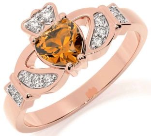 Diamond Citrine Rose Gold Silver Claddagh Ring