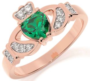 Diamond Emerald Rose Gold Silver Claddagh Ring