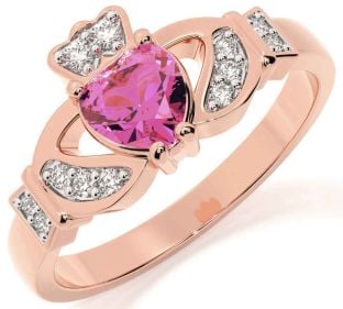 Diamond Pink Tourmaline Rose Gold Silver Claddagh Ring