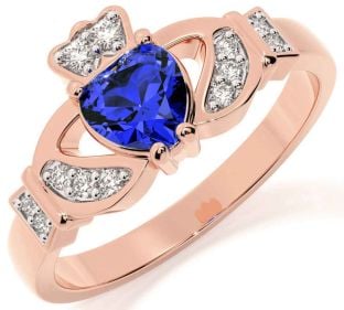 Diamond Sapphire Rose Gold Silver Claddagh Ring