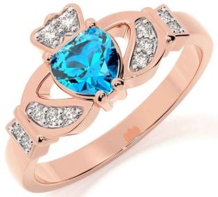 Diamond Topaz Rose Gold Silver Claddagh Ring