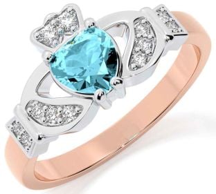 Diamond Aquamarine Rose Gold Silver Claddagh Ring