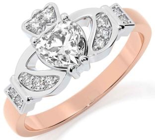 Diamond Rose Gold Silver Claddagh Ring