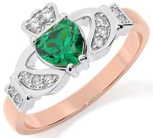 Diamond Emerald Rose Gold Silver Claddagh Ring